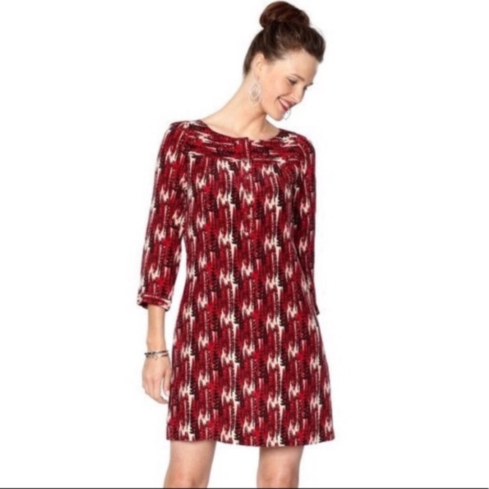 Fossil Red Feather Pattern Shift Dress Size Medium - image 1